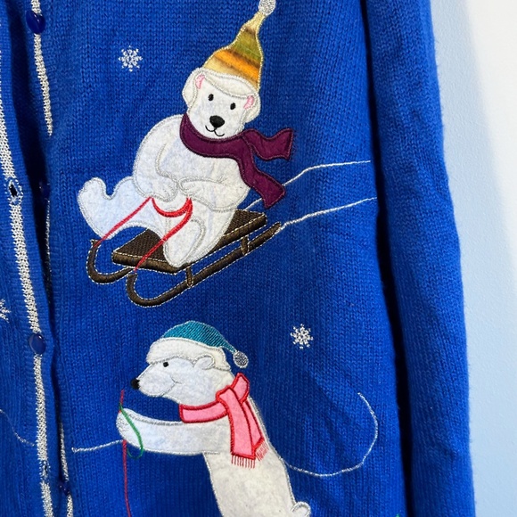 Vintage Christmas / Winter  Sweater with button front, blue, size XL - Picture 2 of 10